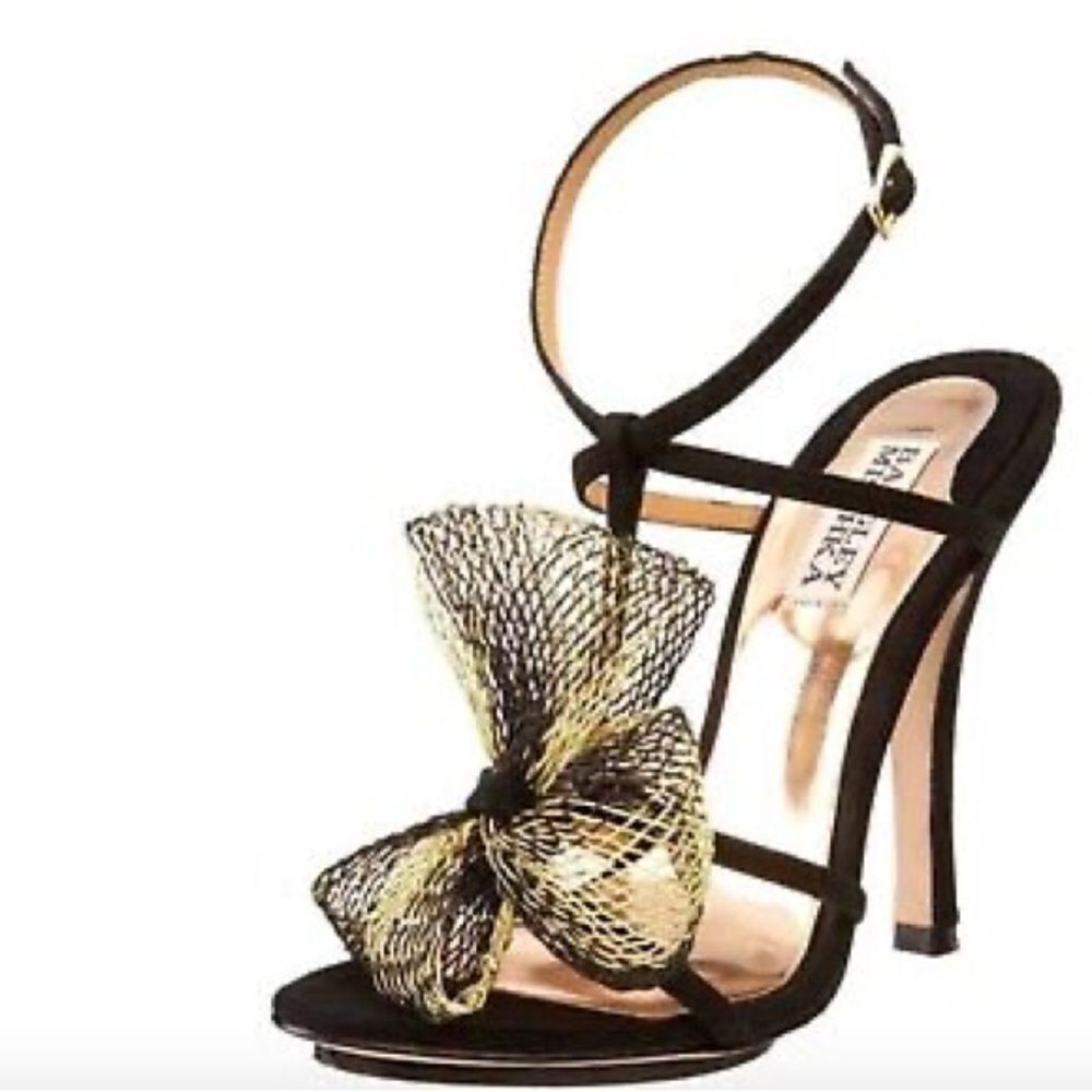 Badgley Mischka Elani Black Heels Large Gold Bow Size 8